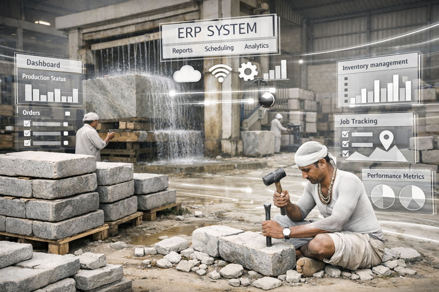 AStone Tech dashboard showing live production metrics, recent orders, and machine status